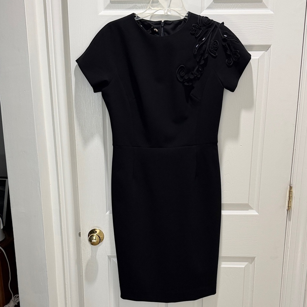 Teri Jon Black Short-Sleeve Midi Sheath Dress with Floral Applique